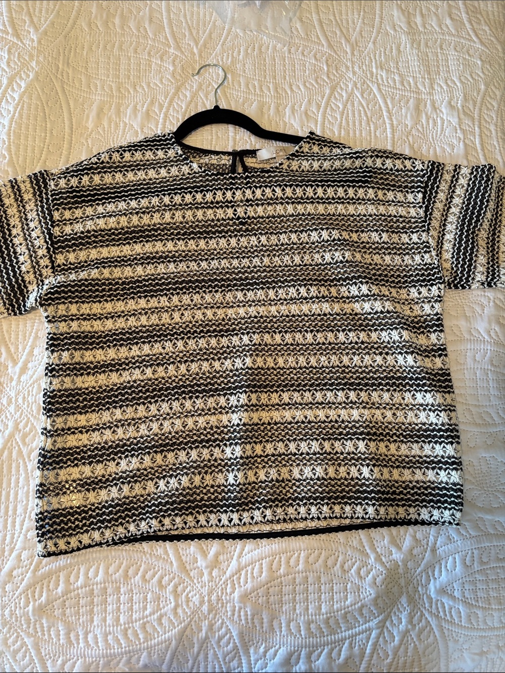 LOFT Black and White Crochet Open-Knit Top